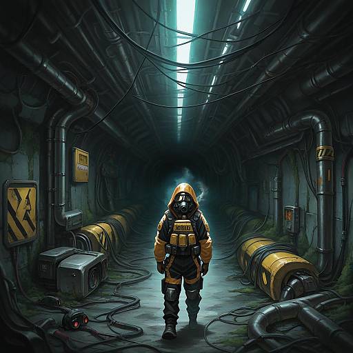 Hooded Gas-Masked Survivor in Mossy Sewer