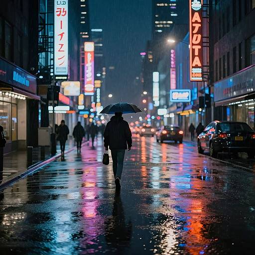 Nighttime city street photograph: Silhouetted person with umbrella walks on wet, reflective sidewalk, surrounded by colorful neon signs, rain.
