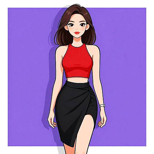 Chic Woman in Red Cropped Halter Top and Black Skirt