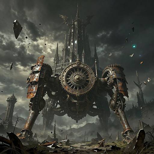 Digital art: massive, mechanical, four-legged war machine with gears and steel plating, standing in a ruined, dark, cloudy landscape with crumbling towers