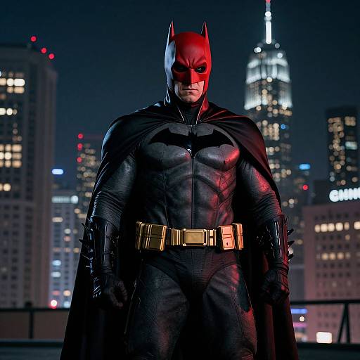 Photograph of Batman standing confidently at night against a cityscape backdrop, wearing his classic black suit, red cowl, and gold belt. Skys