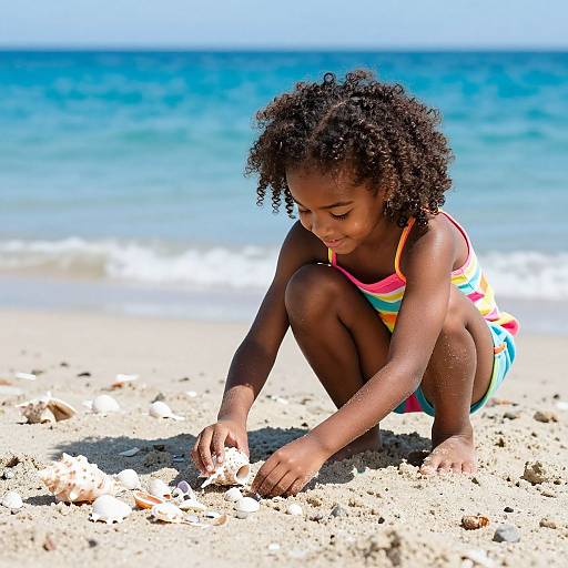 Photograph of a young Black girl with curly hair, wearing a colorful swimsuit, crouching on a sandy beach, examining a seashell