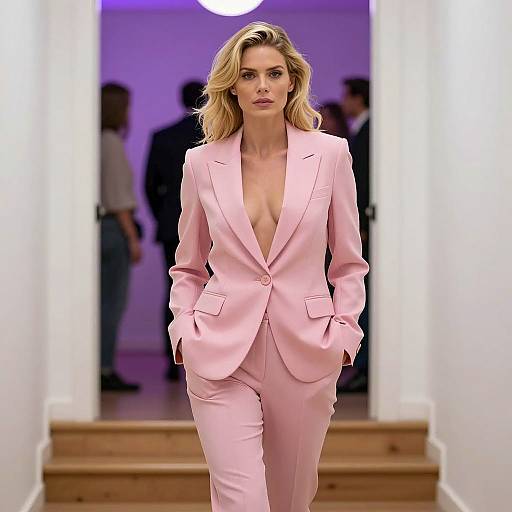 Blonde Woman in Pink Suit Walking in Hallway