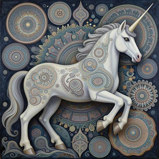 Digital art of a white unicorn adorned with intricate, colorful mandala patterns, prancing against a dark, abstract, circular background.