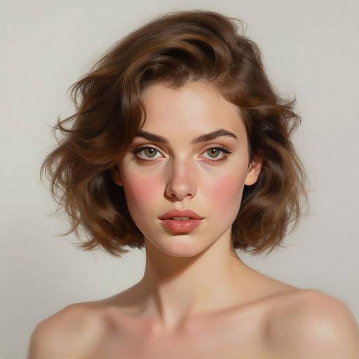 Digital portrait of a young woman with wavy brown hair, fair skin, green eyes, and pink blush, against a white background.