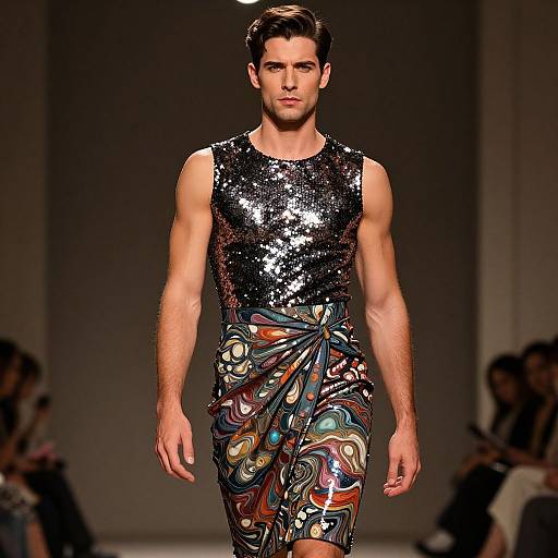 Photograph of a male model on a runway, wearing a sleeveless, sequined black top with colorful, abstract-patterned pants, under bright runway