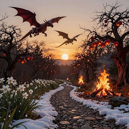 Magical Sunset with Flying Dragons