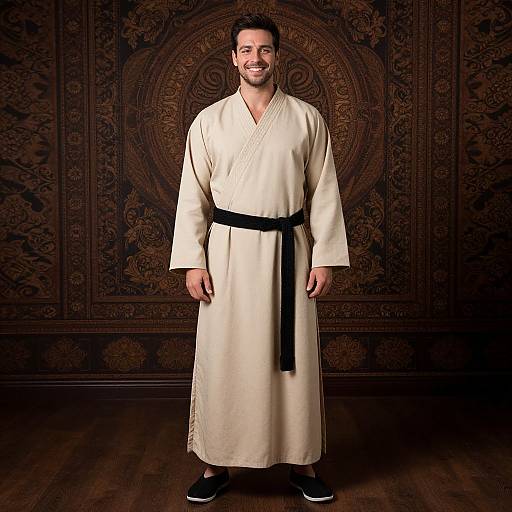 Photograph of a smiling man in a white martial arts robe with black belt, standing against ornate, dark patterned wallpaper.