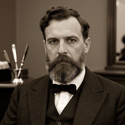 Sepia-toned photograph of a serious, bearded Victorian man in a black suit and bow tie, with a blurred background.