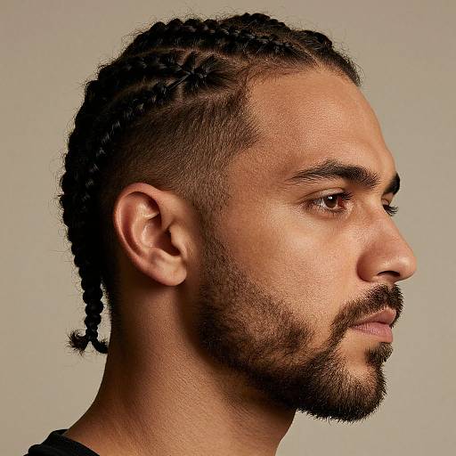 Photograph of a light-brown-skinned man with braided hair, trimmed beard, and mustache, profile view, neutral gray background.
