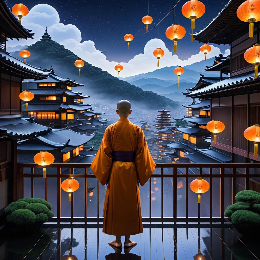 Futuristic Kyoto: Monk and Floating Lanterns