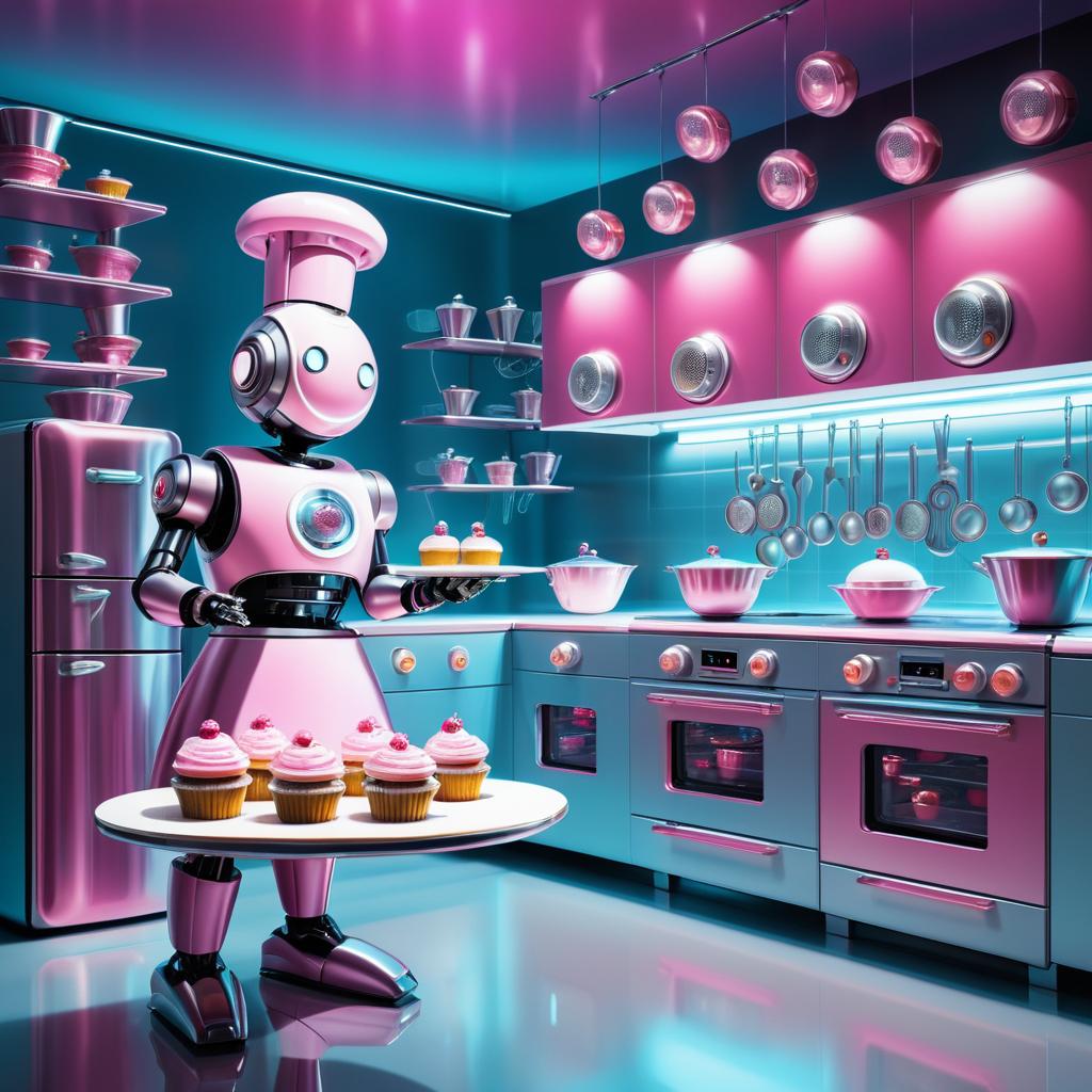 Whimsical Robot Baking Cupcakes Art