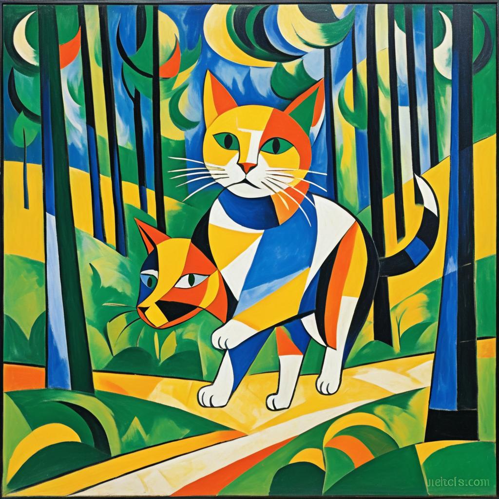 Cubist Cat Jogger in Vibrant Forest