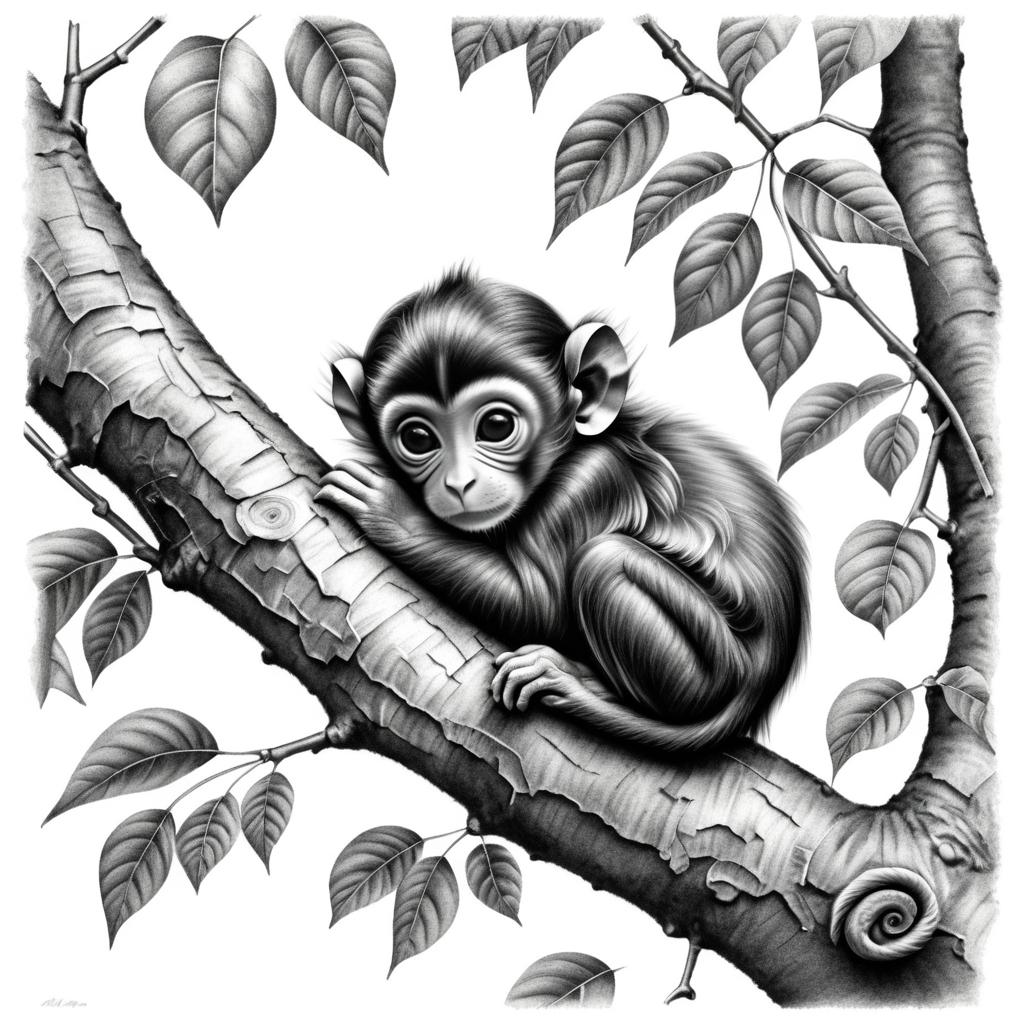 Pencil Sketch of a Baby Monkey in Tree