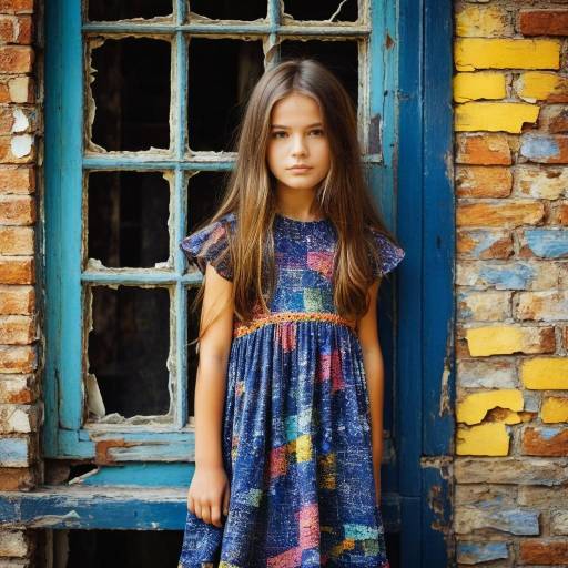 Young Girl in Colorful Dress by Weathered Window