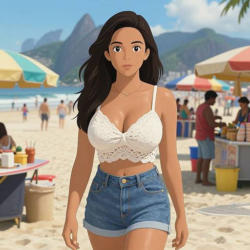 Digital illustration of a beautiful woman with long black hair, tan skin, large breasts in a white lace bralette, and blue denim shorts, walking on