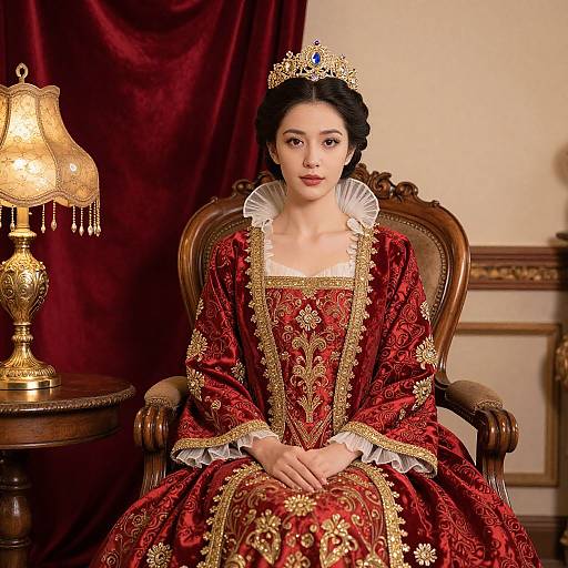 Regal Woman in Red Brocade Gown