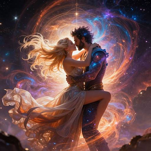Digital fantasy artwork of a dark-haired man and blonde woman, kissing amid swirling cosmic colors and stars, with her lifted in his arms. Ethereal,