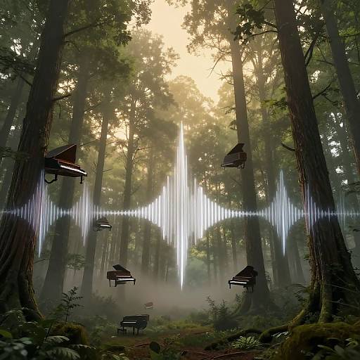 Digital artwork of a misty forest with towering trees. Glowing white cross-shaped light radiates from center. Floating grand pianos surround the light,