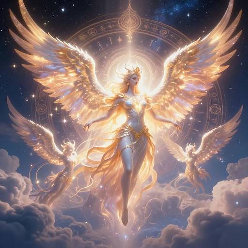 Digital art of a radiant angel with golden wings, glowing armor, and flowing hair, floating above clouds against a starry night sky.