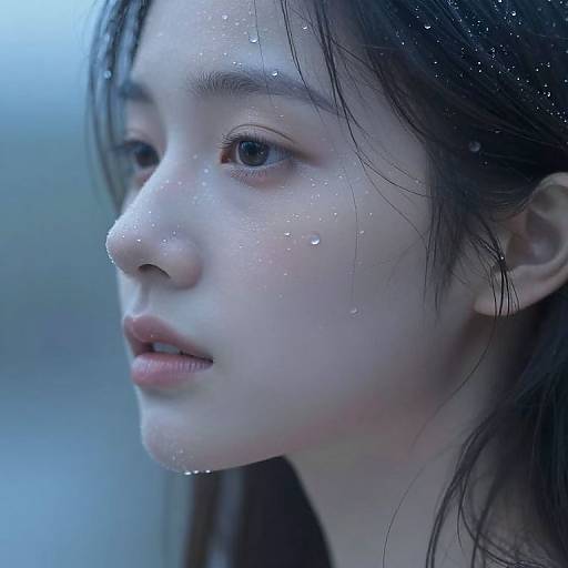 Close-up photograph of an East Asian woman with wet, dark hair and delicate features, water droplets on her face, looking to the left, with