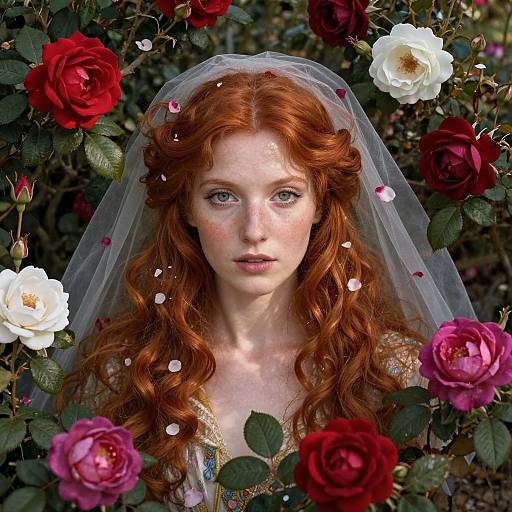 Photograph of a fair-skinned, red-haired woman with green eyes, wearing a sheer veil, surrounded by red and white roses. Her freck