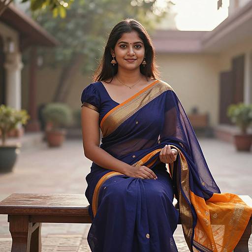 Photograph of a smiling Indian woman with long dark hair, wearing a navy blue saree with orange and gold borders, seated on a wooden bench in