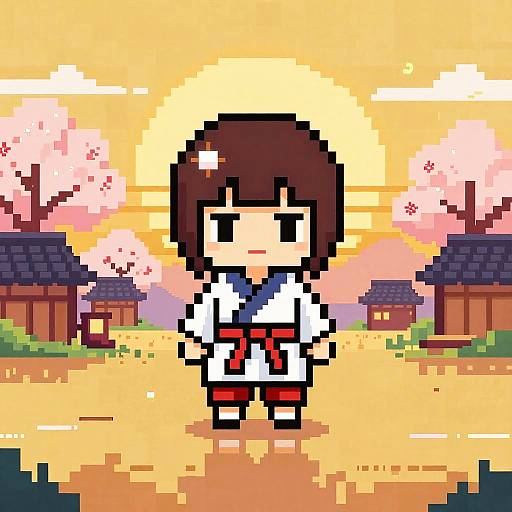 Pixel art of a chibi-style girl in a white and blue school uniform, standing on a sunlit path with cherry blossoms and traditional Japanese houses