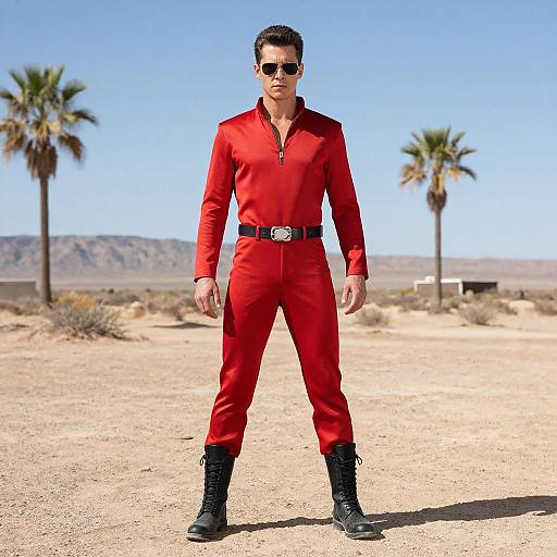Photograph of a muscular man in a red zip-up jumpsuit, black belt, black boots, and sunglasses, standing confidently in a desert with palm