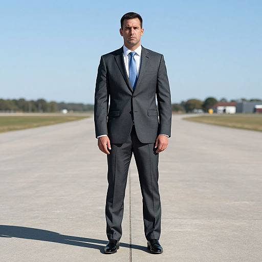 Photograph of a serious, medium-build man in a dark navy suit, white shirt, and black tie standing on a deserted airport runway under a clear