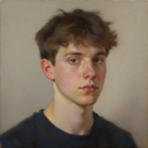 Digital portrait of a young Caucasian man with tousled brown hair, fair skin, and brown eyes, wearing a black shirt, against a plain gray background