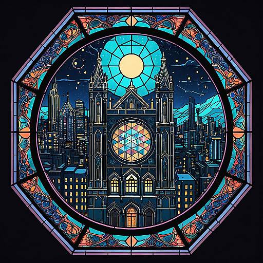 Hexagonal Stained Glass Urban Skyline