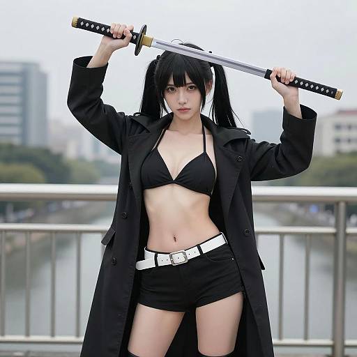 Serious Cosplay Warrior on Metal Bridge