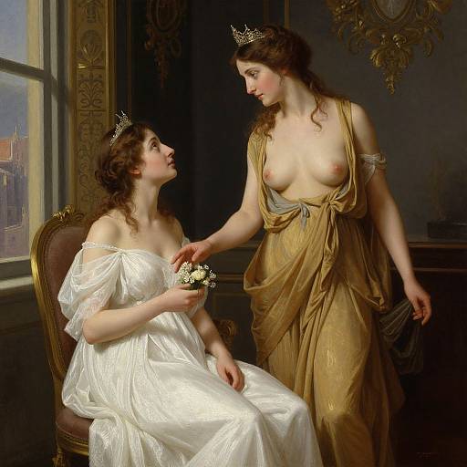 Classical painting of two fair-skinned women with crown headpieces; one in white gown, seated, holding flowers, the other in gold draped dress