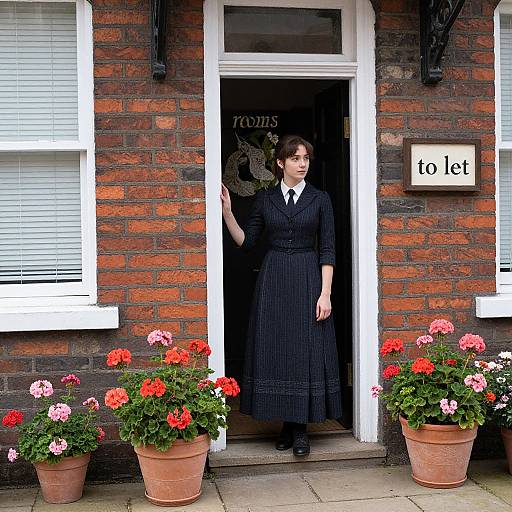 Photograph of a woman in a black pinstripe dress standing in a brick doorway, flanked by red and pink potted geraniums,