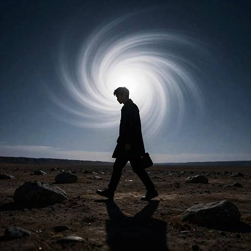 Cosmic Journey: Man in a Desolate Landscape
