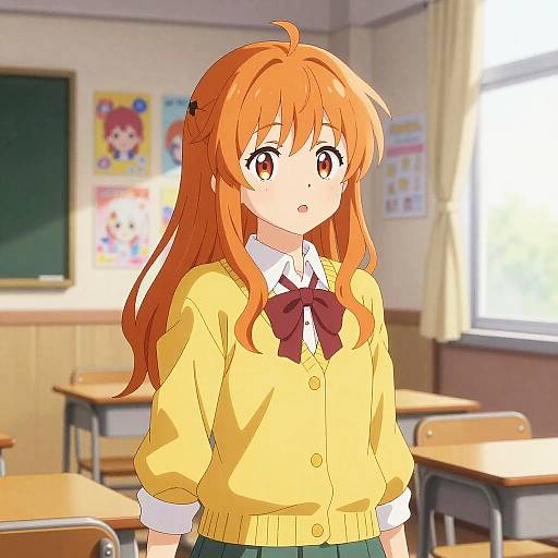 Anime-style drawing of a cute, orange-haired girl in a yellow school cardigan, red bowtie, standing in a sunlit classroom.