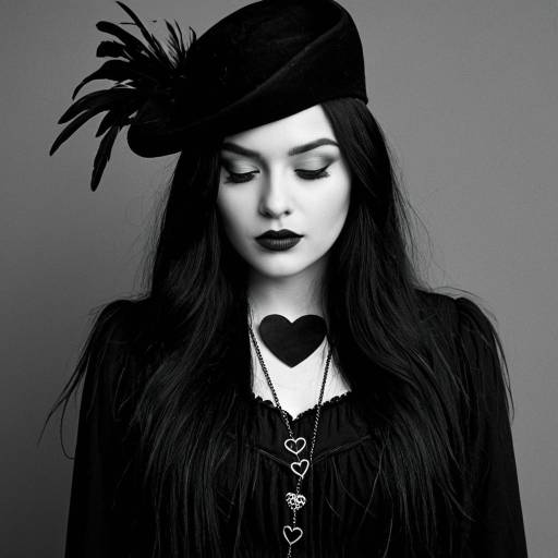 Gothic Woman in Black Dress and Feathered Hat