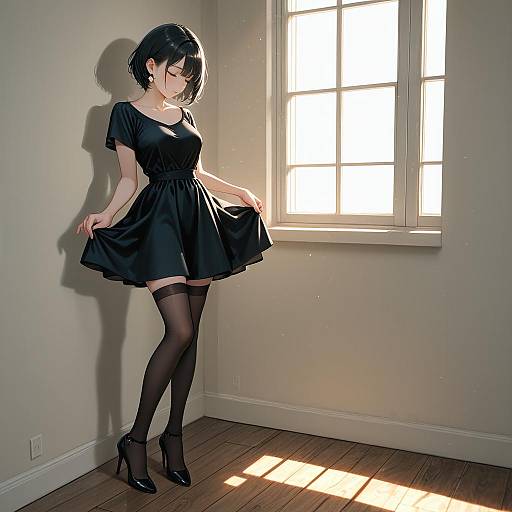 Woman in Black Dress Standing by Window