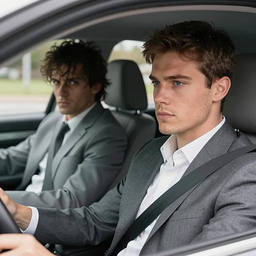 Two Men in Car Wearing Gray Suits