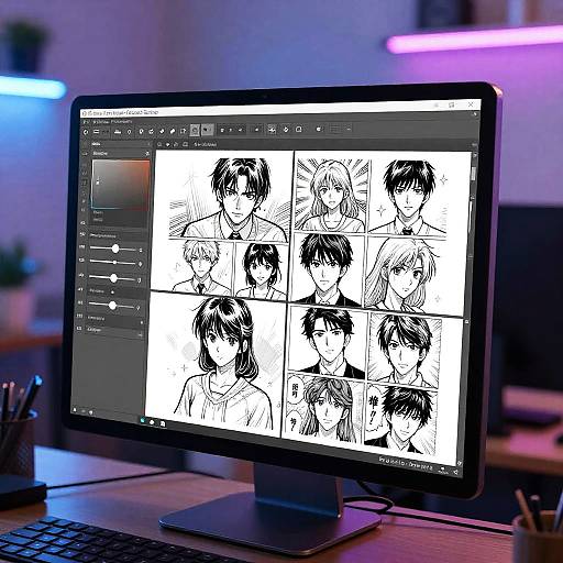 Photograph of a computer monitor displaying a digital drawing program with black-and-white character sketches in a grid format. Neon blue and pink lights in the blurred