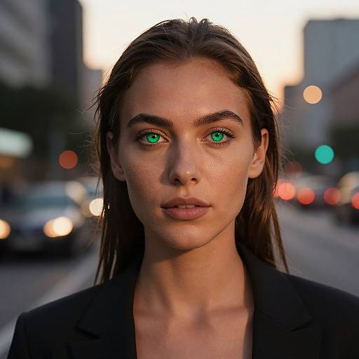 Photograph of a young woman with striking green eyes, wet brown hair, and fair skin, wearing a black blazer, standing on an urban street