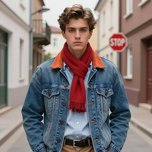 Young Man in Retro Denim Jacket and Red Scarf