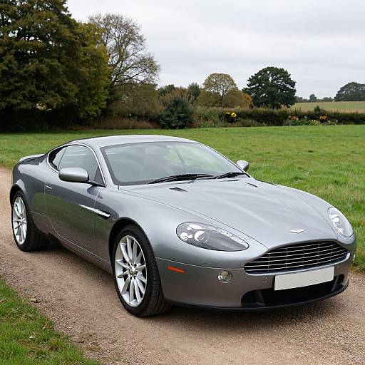 Photograph of a sleek, silver Porsche sports car parked on a gravel path in a green, grassy field with trees in the background.
