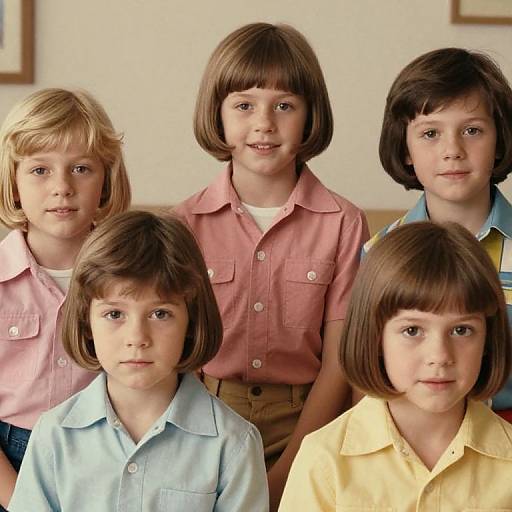 Photograph of six young children with short brown and blonde hair, wearing pastel-colored button-up shirts, standing closely together indoors.
