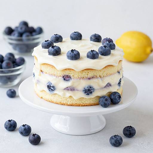 Photograph of a layered blueberry cake with creamy white frosting, topped and surrounded by fresh blueberries, on a white stand. Background includes a yellow