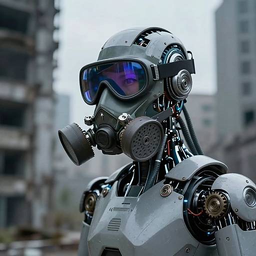 CGI photograph of a futuristic, metallic robot wearing blue-tinted goggles and a gas mask, set against a blurred urban ruin background.