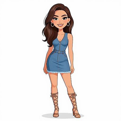 Digital cartoon of a smiling woman with long brown hair, wearing a blue denim dress, hoop earrings, and lace-up brown heels.