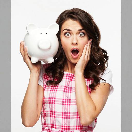 Photograph of a shocked woman with long brown hair, wearing a red plaid dress, holding a white piggy bank, mouth open, eyes wide