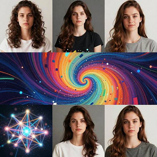 Photograph collage of six women with long brown hair, wearing white and black shirts, against gray and white backgrounds. Central vibrant, swirling, colorful cosmic